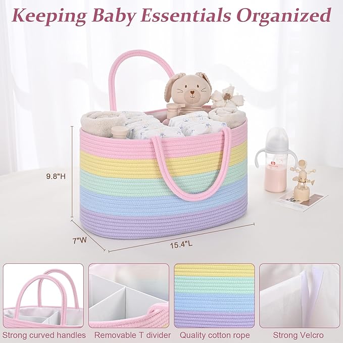 Baby Diaper Caddy Organizer, Cotton Rope Diaper Basket, Baby Basket for Changing Table, Nursery, Car, Changing Table Storage Bin With Removable Divider, Baby Shower Gifts for Newborn, Baby Essentials