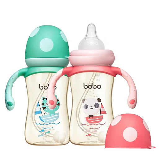 YOHKOH Natural PPSU Baby Bottle with Natural Response Nipple, Newborn Anti-Colic Baby Bottles with Handle, Wide Neck Mushroom Cap Baby Bottle (8.8oz (Pack of 2), Multicolour)