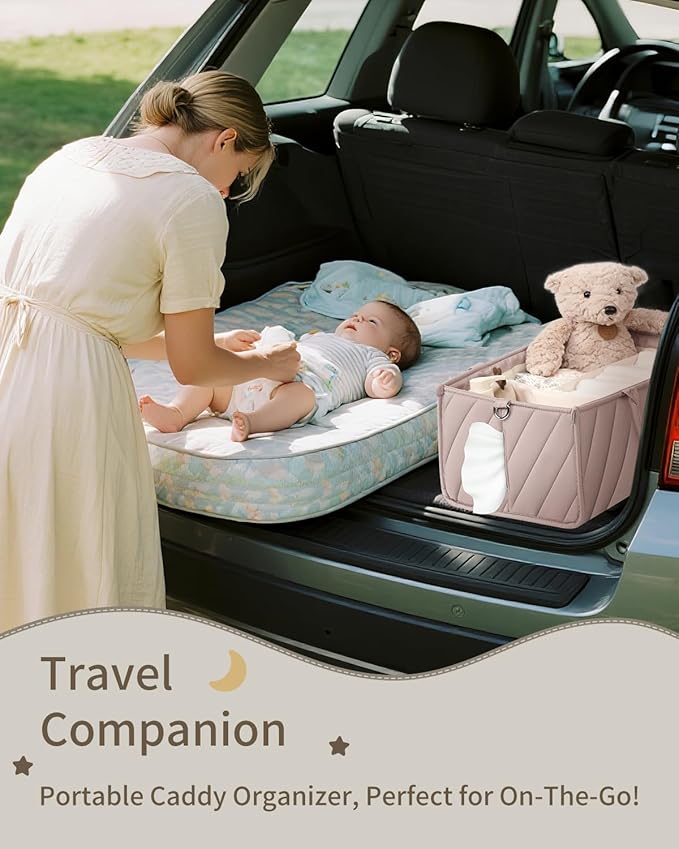 Diaper Caddy Organizer, baby organizer for essentials – All-in-One Storage Basket with Compartments, Wipe Pocket & Stroller Clips – Must-Have for Nursery, Changing Table, Registry or Gift