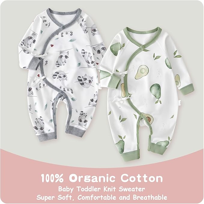 100% Organic Cotton Soft 0-6 Months 2-Piece Unisex Footless Newborn Baby Sleepers Pajamas Romper Boys Girls