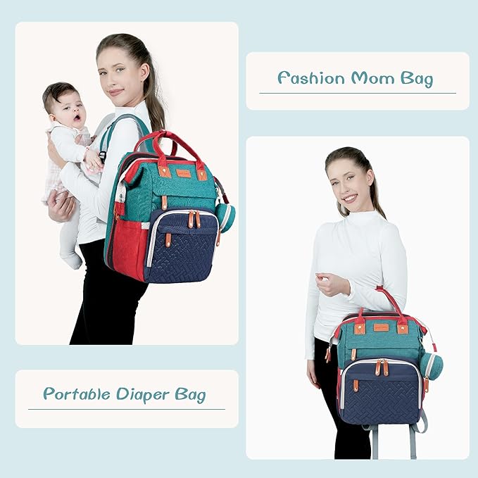 JOYCE Diaper Bag, with Diaper Changing Station, Multi-functional Large-capacity Diaper Bag Backpack, Best Gift for Newborns, Travel Essentials Diaper Bag Backpack (Blue-Green)
