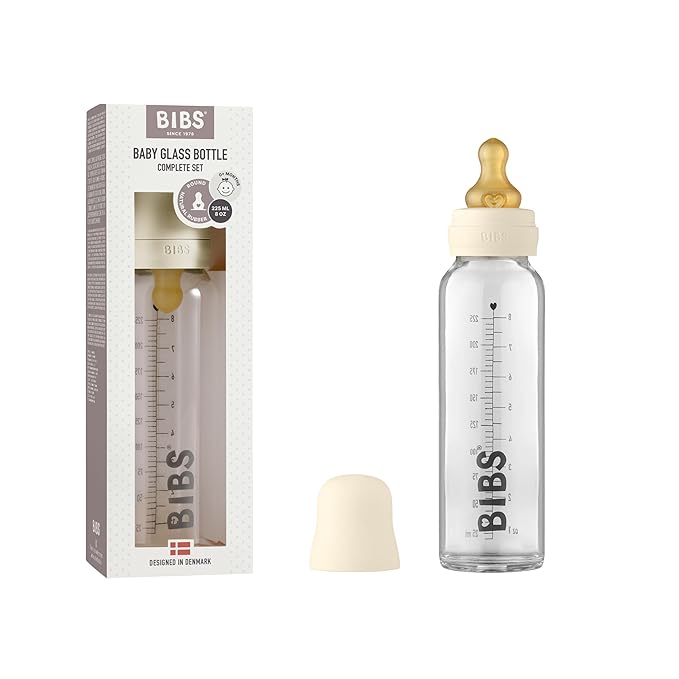 BIBS Baby Glass Bottle Complete Set 225 ml | BPA Free Natural Rubber | Made in Denmark | Ivory
