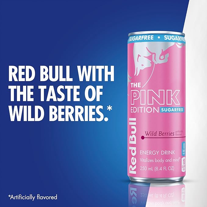 Red Bull Pink Edition Sugar Free Energy Drink, Wild Berries, 12 fl. oz., 6 x 4 Cans, Pack of 24 Cans, with 80mg Caffeine, Taurine & B Vitamins