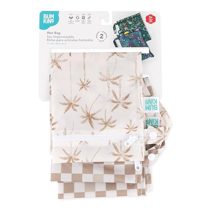 Bumkins Waterproof Wet Bag for Baby, Travel, Swim Suit, Cloth Diapers, Pump Parts, Pool, Beach, Gym Clothes, Toiletry, Hook to Stroller, Daycare, Zip Reusable Wetdry Pack, 2-pk Palm Trees, Beige Check