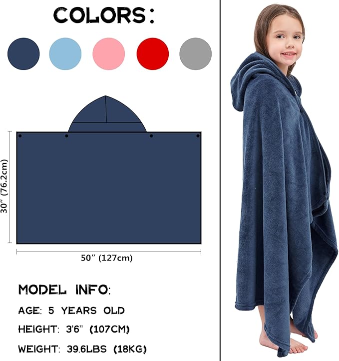 Hiturbo Kids Fleece Hooded Bath Towel: Soft Plush Pool Beach Towel Blanket - 50"x30" Toddler Towels Wrap for Boys Girls 3-12 Years (Navy)
