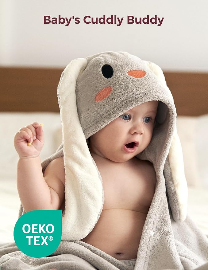 Momcozy Baby Bath Towels with Hooded -Visualize Health Label -Soft & Absorbent Coral Fleece Towel for Comfort & Warm - Bath Essential or Shower Gift for Newborn, Infant,Toddler (Large, 28 x 55 Inch)