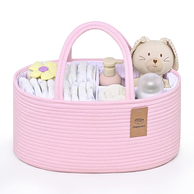 Baby Diaper Caddy Organizer, Cotton Rope Diaper Basket, Baby Basket for Changing Table, Nursery, Car, Changing Table Storage Bin With Removable Divider, Baby Shower Gifts for Newborn, Baby Essentials