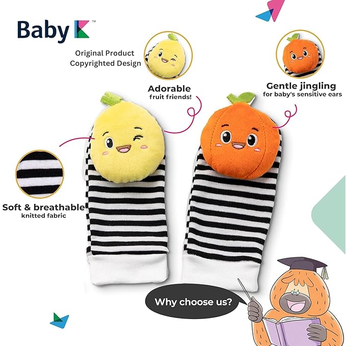 BABY K Strawberry Rattle Socks, Wrist and Hand Rattles - Newborn Toys for Baby Boy or Girl - Brain Development Infant Toy - Suitable for 3-6, 6-12 Months