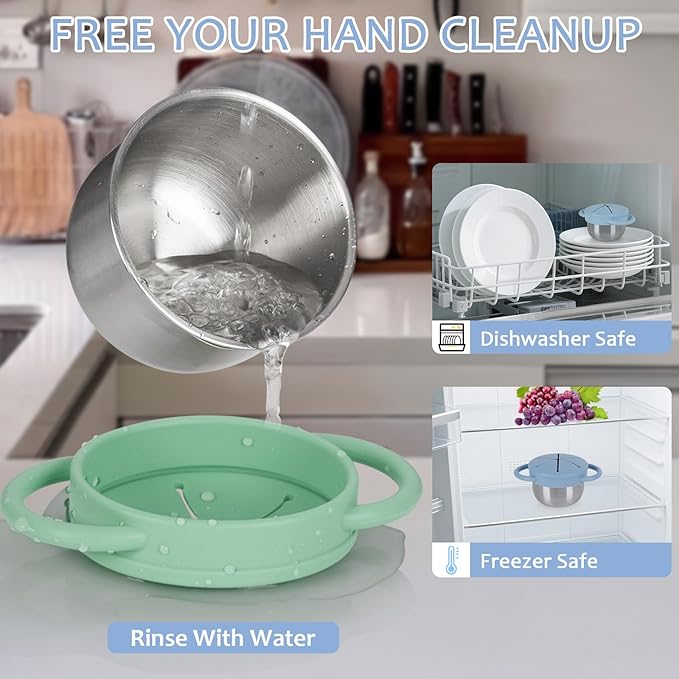 2 Pack 304 Stainless Steel Snack Cups for Toddlers, Toddler Snack Containers with Spill-Proof Silicone Travel Lid & Handle, Dishwasher Safe, Removable Snack Cup for Baby, Toddler, Kids