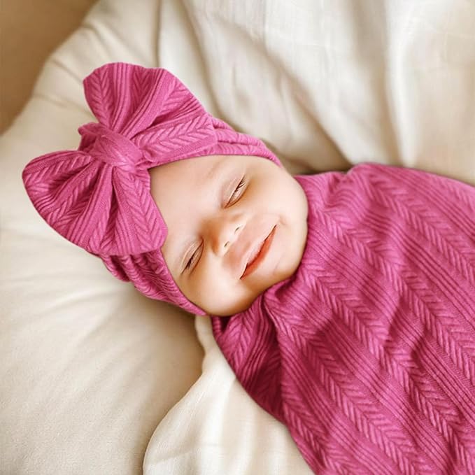 Newborn Receiving Blanket with Bow Hat Mittens Wooden Card Set Wheat-Pattern Newborns Toddler Baby Boy Girl Nursery Swaddle Wrap