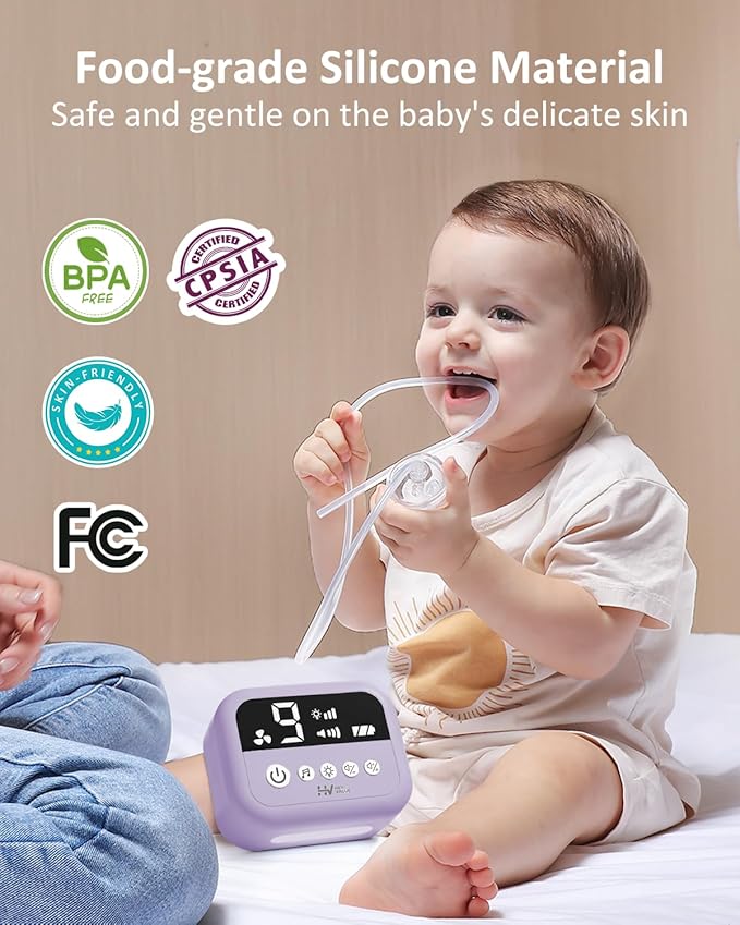 HEYVALUE Nasal Aspirator for Baby, Hospital Grade Nose Sucker with 9 Levels Suction, Night Light and Nursery Rhyme Soothing, Electric Nose Suction for Baby with Food-Grade Silicone Tips Purple