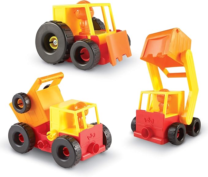 Learning Resources 1-2-3 Build It! Construction Crew Toy, Bulldozer, Digger, Dump Truck, STEM, Imaginative Play, 16 Pieces, Ages 2+