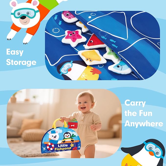 hahaland Montessori Toys for 1 Year Old - Fishing Game for Toddlers 1-3 with Shapes Colors Learning Mat, Dices, Fish, 2 Poles, Cards, 1 Year Old Educational Toys Stocking Stuffers Toddler Games Ages 2
