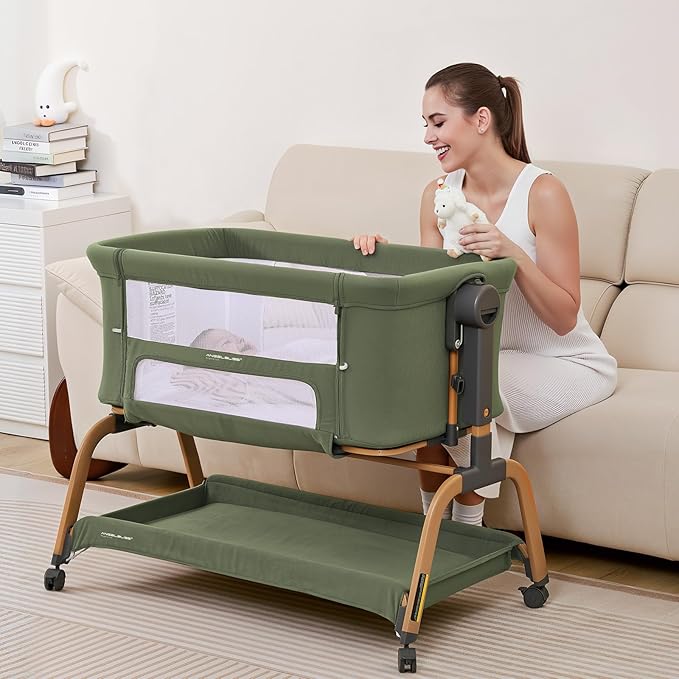 ANGELBLISS 3 in 1 Baby Bassinet, Rocking Bassinets Bedside Sleeper with Comfy Mattress and Wheels, 6 Height Adjustable Easy Folding Portable Bedside Crib for Newborn Infant (Green)