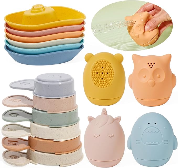 Baby Bath Toys for Kids Ages 1-3,16 Pack Toddlers Bath Toy for 2-4 Mold Free Stackable Boats & Spoons, Easy-Clean & Squeezable Silicone Bath Toys for Babies 6-12 Months Bathtub Water Pool Toys