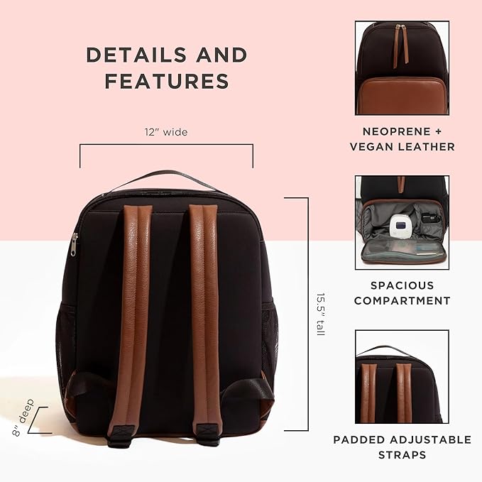 Freshly Picked Breast Pump Backpack, Wipeable Vegan Leather and Neoprene Breast Pump Bag, Fits Spectra S1 and S2, 3-Compartment, 8-Pocket