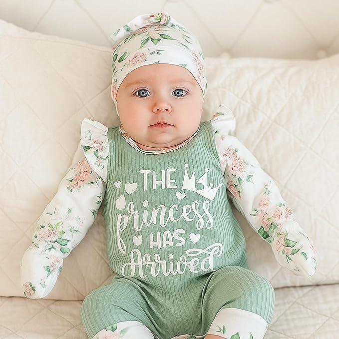 GRNSHTS Newborn Baby Girl Romper Infant Letter Print Jumpsuit Floral Bodysuit+Hat+Headband+Gloves Coming Home Clothes Outfits
