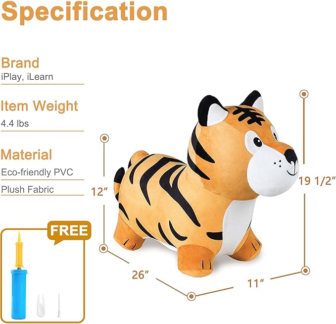 iPlay, iLearn Bouncy Pals Tiger Hopper Toy, Toddler Hopping Horse, Kid Plush Ride on Animal Bouncer W/Pump, Inflatable Bouncing Rider, Indoor Outdoor Jumping Birthday Gift 2 3 4 5 6 Year Old Boy Girl