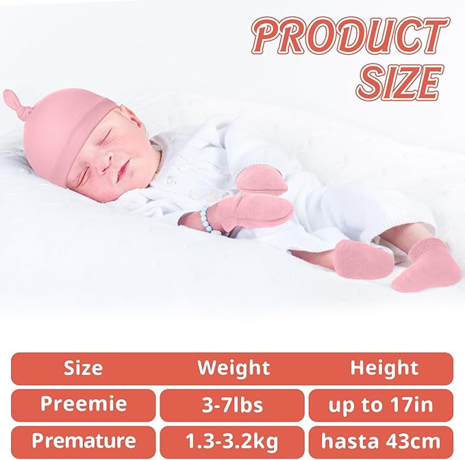 6 Pcs Preemie Hats Mittens and Socks Set Cotton Preemie Cap Knotted Hat No Scratch Warm Terry Socks for Boys Girls