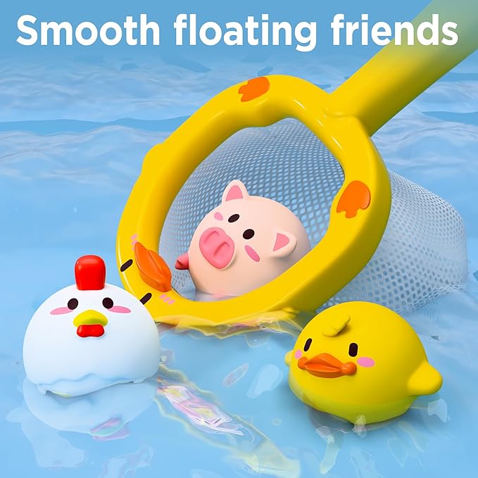 iPlay, iLearn Baby Duck Bath Toy, Toddler Bathtub Suction Water Spinner Gear, Kid Shower Fishing Game W/ Net, Floating Animal, Wind up Swimming Duck, Birthday Gift 6 9 12 Month 1 2 3 Year Old Boy Girl