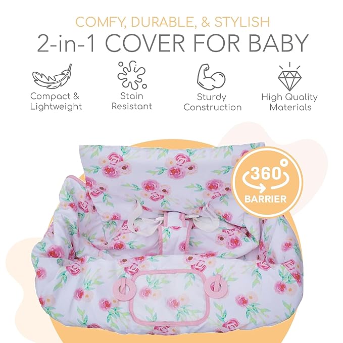 2-in-1 Cushy High Chair Cover and Shopping Cart Cover for Baby, Comfortable Cover for Grocery Cart, Universal Fit Cart Cover for Babies, Includes Storage Pouch - Full Bloom
