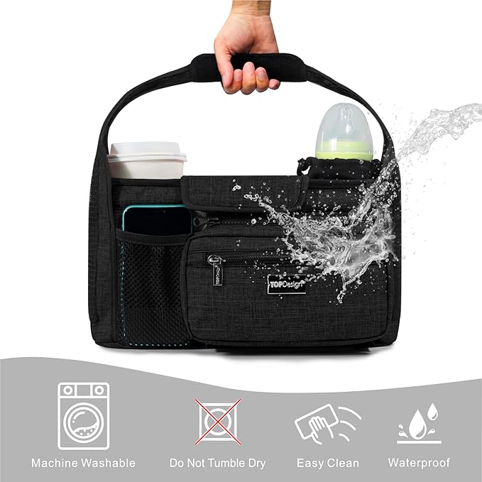 TOPDesign Universal Baby Stroller Organizer, Stroller Caddy with Detachable Mesh Bag & Heightened Insulated Cup Holders & Non-Slip Secure Hooks Accessories, Fits Most Strollers (Morning Glory)