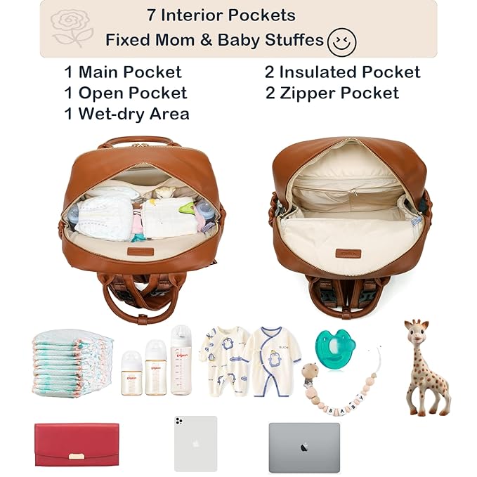 Leather Diaper Bag Backpack for Women with Multiple Pockets,Laptop Compartment and Changing Pad.