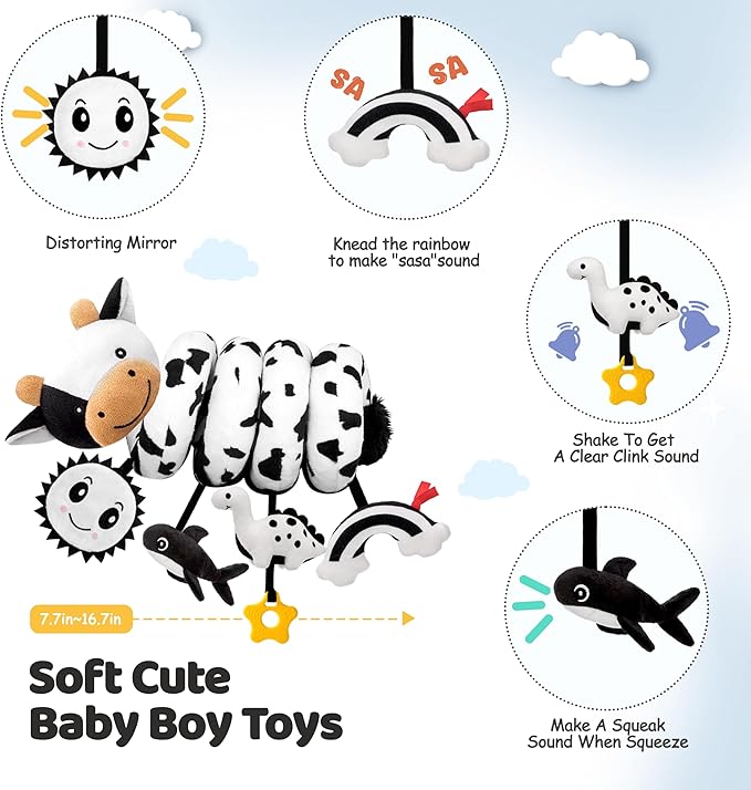 Spiral Car Seat Baby Toys 0-6 Months, Infant Carseat High Contrast Sensory Toys Hanging Stroller Accessories, Newborn Gifts for Baby Boys Girls Essentials Stuff, Cute Black and White Cow