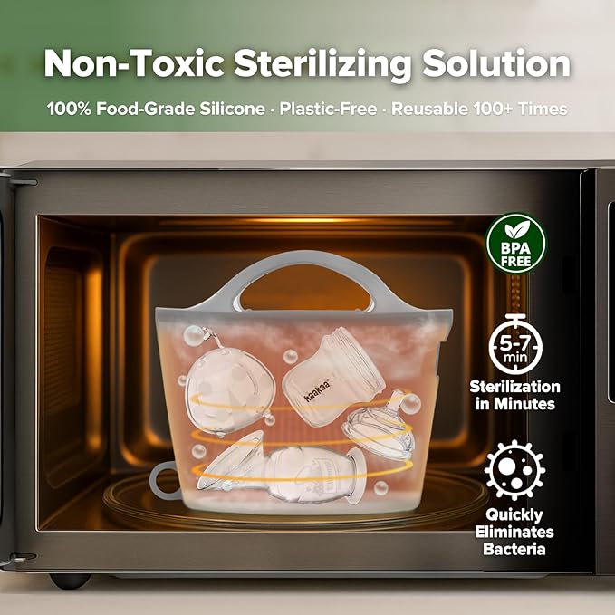 Haakaa On-The-Go Silicone Microwave Steam Sterilizer Bags for Travel, 40oz/1250ml Reusable Silicone Steaming Bags for Baby Bottles, Breast Pump, Accessories, Pacifiers, Teethers,Grey/1PC