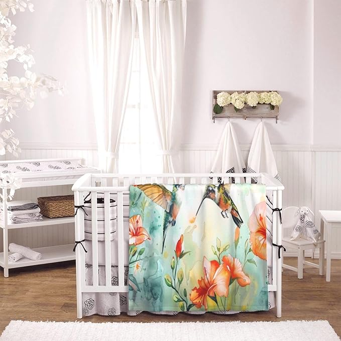 Baby Blanket Hummingbird Flower Watercolor for Boy Girl Newborn 30x40 Inch Toddler Infant Nursery Throw Blankets Double Layer Comfy Soft Plush Stroller Crib Quilt