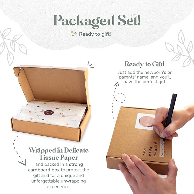 Mikito Organic Cotton Newborn Gift Box, Unisex Baby Gifts Including Muslin Lovey Comforter, Bandana Bib, Wooden Teether & Birth Announcement Sign