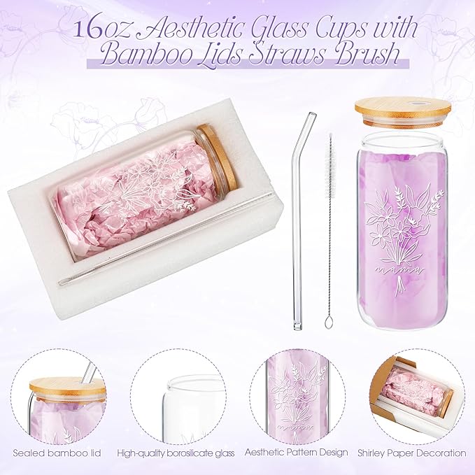 LemonRoad 6 Pcs New Mom Gifts, Pregnancy Gift for Expecting Mom, Baby Shower Favor for New Mommy After Birth, Aesthetic Flower Tumbler Notebook Pen Sock Dried Flower Greeting Card for Mommy(Purple)