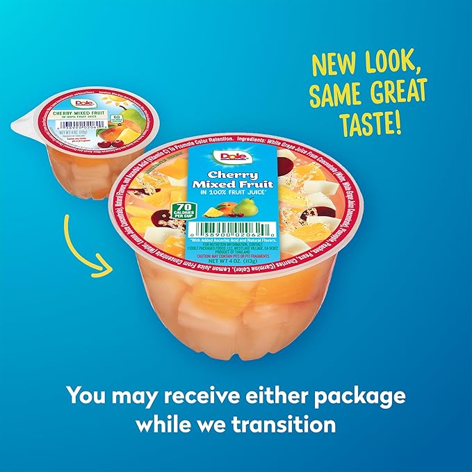 Dole Fruit Bowls Cherry Mixed Fruit in 100% Juice Snacks, 4oz 36 Total Cups, Gluten & Dairy Free, Bulk Lunch Snacks for Kids & Adults