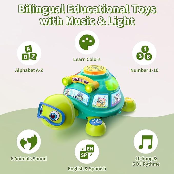 Baby Toys 6-12 Months, Musical Turtle Baby Crawling Toys 7 8 9 10 Months, Light up Infants Tummy Toy, Bilingual Educational Turtle, Gifts Present for Christmas Baby 4 5 6 12 Month