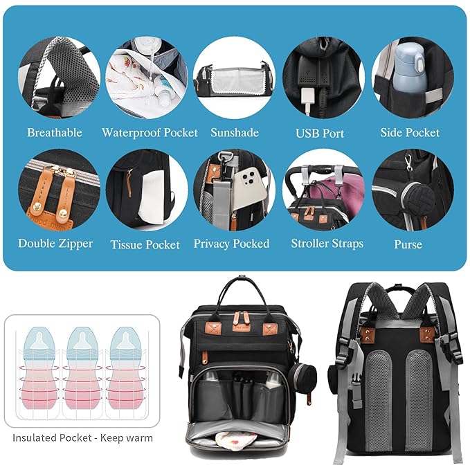 Jeryswet Baby Diaper Bags with Changing Station, Waterproof Large Capacity Diaper Bag Backpack for Moms Dads with USB Charging Port and Stroller Straps, Baby Shower Gifts, Black