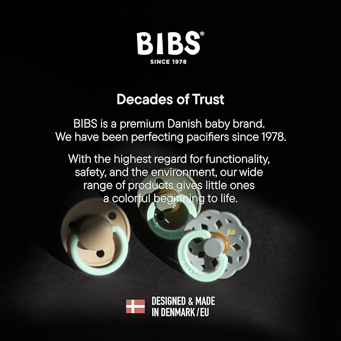 BIBS Colour Soother 4-Pack | BPA Free Dummy Pacifier | Round Nipple | Natural Rubber Latex | Made in Denmark | Size 6-18 Months | White Glow Mix