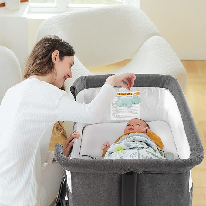 Ihoming Bassinet Bedside Sleeper for Baby, 3 in 1 Convertible Design, lnfant Bed Side Sleeper & Cradle Bassinets, Newborn Bedside Crib Attaches to Bed, Deep Grey