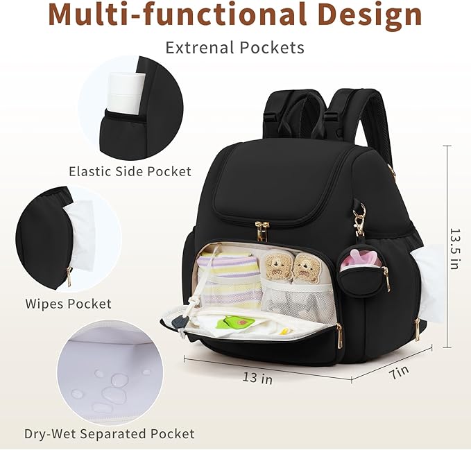 CEI-CEI Neoprene Diaper Bag Backpack Stylish Baby Maternity Bags Travel Tote for Mom with Insulated Pockets, Changing Pad, Stowable Shoulder Strap