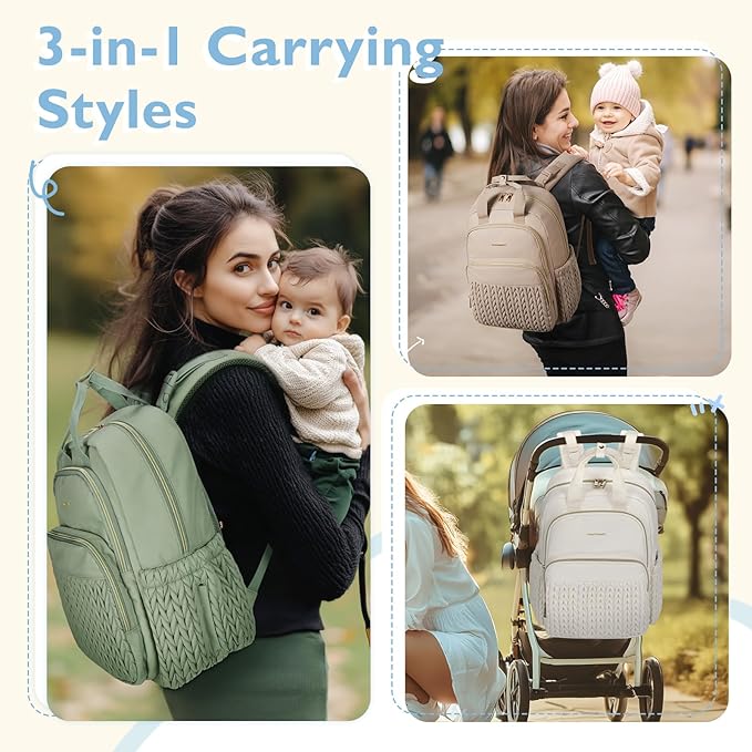 mommore Diaper Bag Small Diaper Backpack Stylish Baby Travel Backpacks with Insulated Pockets, Changing Pad, Stroller Straps