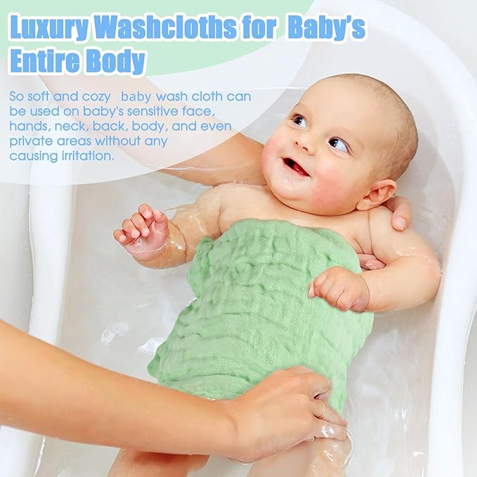 MUKIN Muslin Washcloths - Soft Face Cloths for Newborn, Absorbent Bath Face Towels, Wipes, Burp Cloths, Baby Registry as Shower. Pack of 10 (Green,Blue,White)