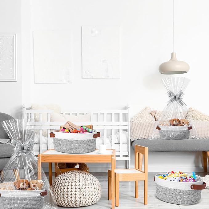 3 Pack Small Woven Basket for Gifts with Handles Clear Bags and Ribbons Empty Storage Basket Decorative Chest Box for Birthday Present Baby Shower Wedding(White and Grey,12"x 8"x 5")