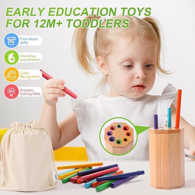 Montessori Toys for 1-3 Year Old: Wooden Learning Color Sorting Sticks Toys for Toddlers Age 1 2 3, Educational Fine Motor Developmental Sensory Matching Game Activities, 12 18 24 Month Kid Boy Girl