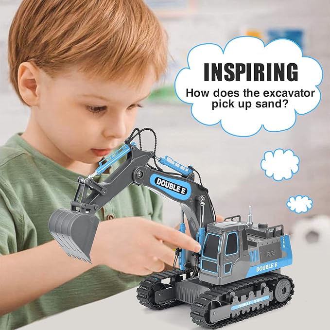 DOUBLE E Remote Control Excavator Toy RC Excavators Rechargeable Battery Digger Hydraulic Construction Toys Vehicles Xmas Gift for Boys Girls Kids 3-14 Years,Gray-Blue