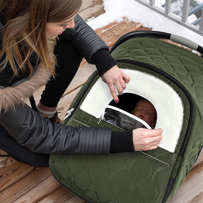 Winter Baby Car Seat Cover, Waterproof, Windproof Warm Fleece Breathable with Full Zipper for Newborn Car Seat, Green