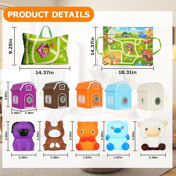 Farm Animal Learning Toys for 2 3 4+ Year Old Toddlers, Counting, Matching & Sorting Montessori Educational Sensory Toys, Playmat, Finger Puppets, Shape Keys and House, Easter Christmas Birthday Gift