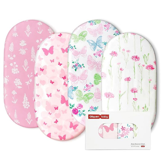 Gllquen Baby Bassinet Sheets 4 Pack, Breathable Cozy Fitted Mattress Sheet, Elastic Travel Crib Fashionable Floral Pattern, Standard Cradle Safe Sheets for Baby Boys Girls 32"x16" (Butterfly)