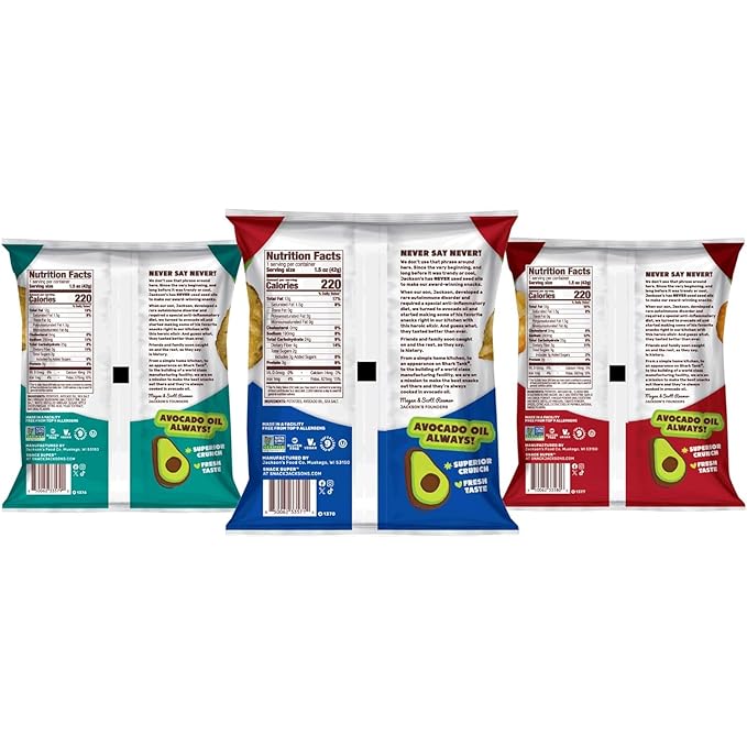 Jackson’s Classic Kettle Potato Chips (Variety Pack, 1.5 oz, Pack of 10) - Made with Premium Avacado Oil, Sea Salt, Salt & Vinegar and BBQ Flavors - Allergen-friendly, Gluten Free, Vegan