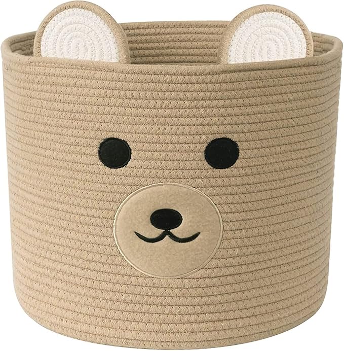 Bear Laundry Baskets Laundry Hamper Storage Baskets with Handles,Decorative Basket for Living room,Woven Storage Basket for Toys Bin Pillows Blankets Clothes (Khaki)