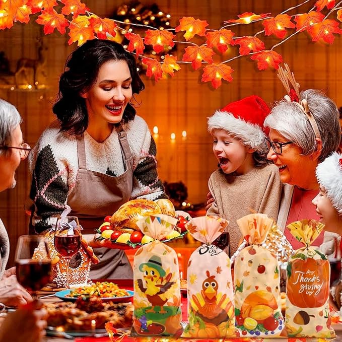 100 PCS Fall Treat Bags(5.1x10.6 Inch) with Ties Thankgiving Turkey Goodie Candy Gifts Bags Bulk Autumn Pouches for Thanksgiving Home Party Favors Supplies Decorations Friendsgiving Cellophane Bag