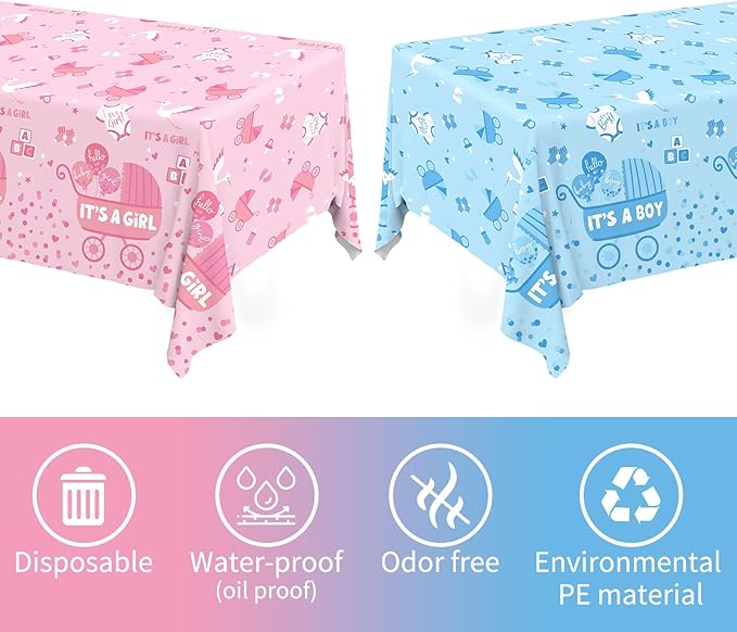 Gatherfun Baby Gender Reveal Party Supplies: 2-Pack Gender Reveal Decorations,Disposable Plastic Tablecloth, Ideal Table Cover for Boy or Girl, Baby Shower Party Decorations